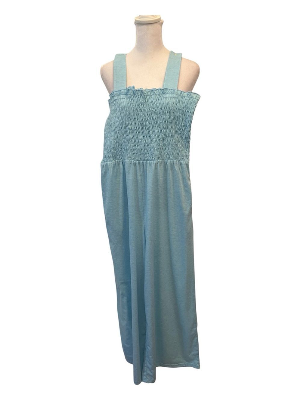 Anrabess SizeS Light Blue Smocked Bodice Jumpsuit with Flowy Wide Legs Worn Once